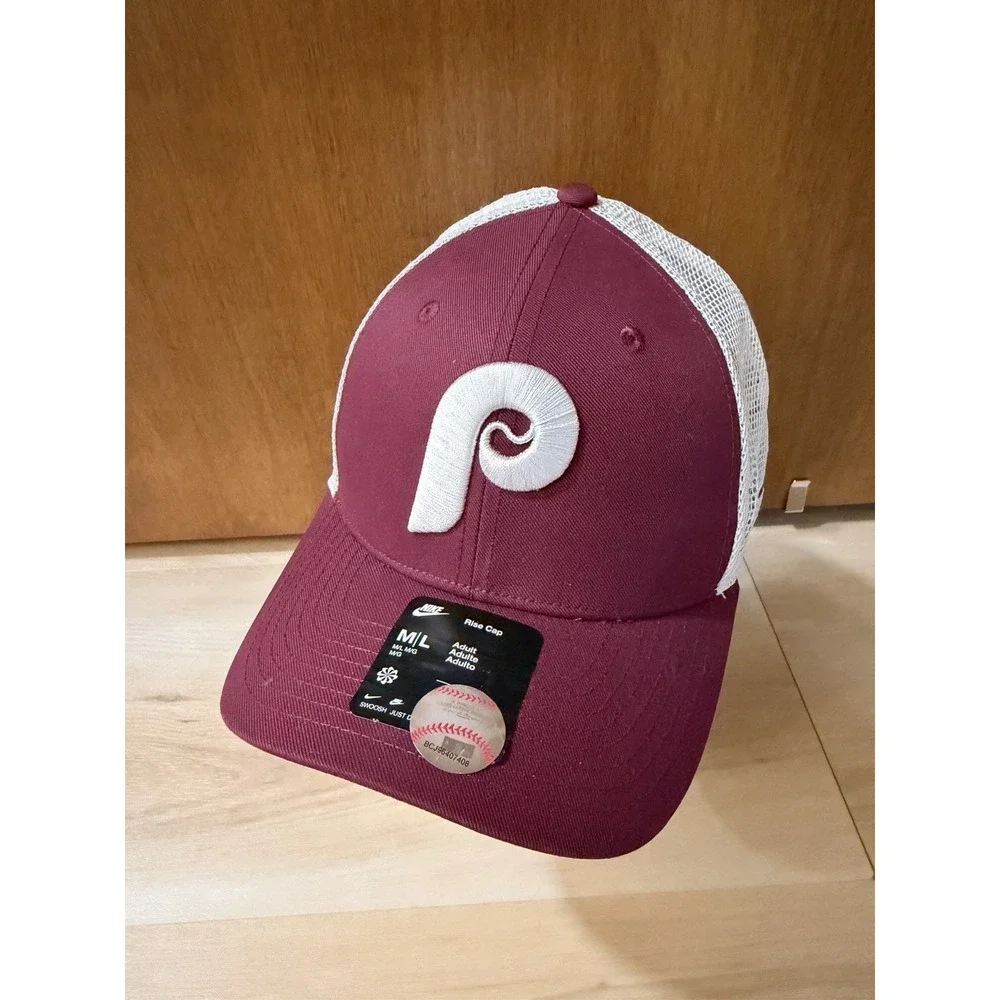 Philadelphia Phillies Hat Cap SnapBack Mens Burgundy White MLB Trucker Nike M/L